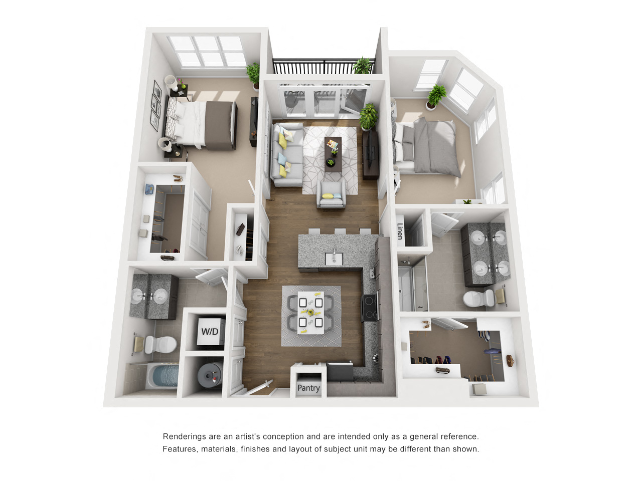 Floor plan for 2 beds, 2 baths, 1007 sqft